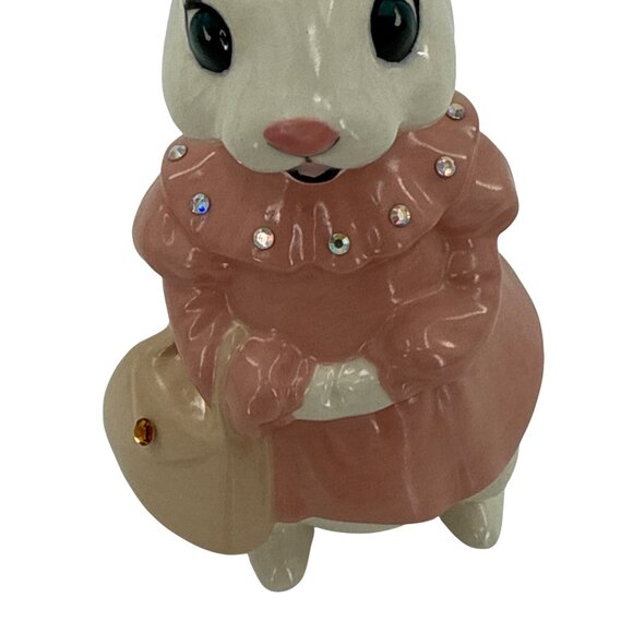 White Ceramic Bunny Anthropomorphic Figurine With Pink Dress Rhinestone‎ Accents - Picture 2 of 6
